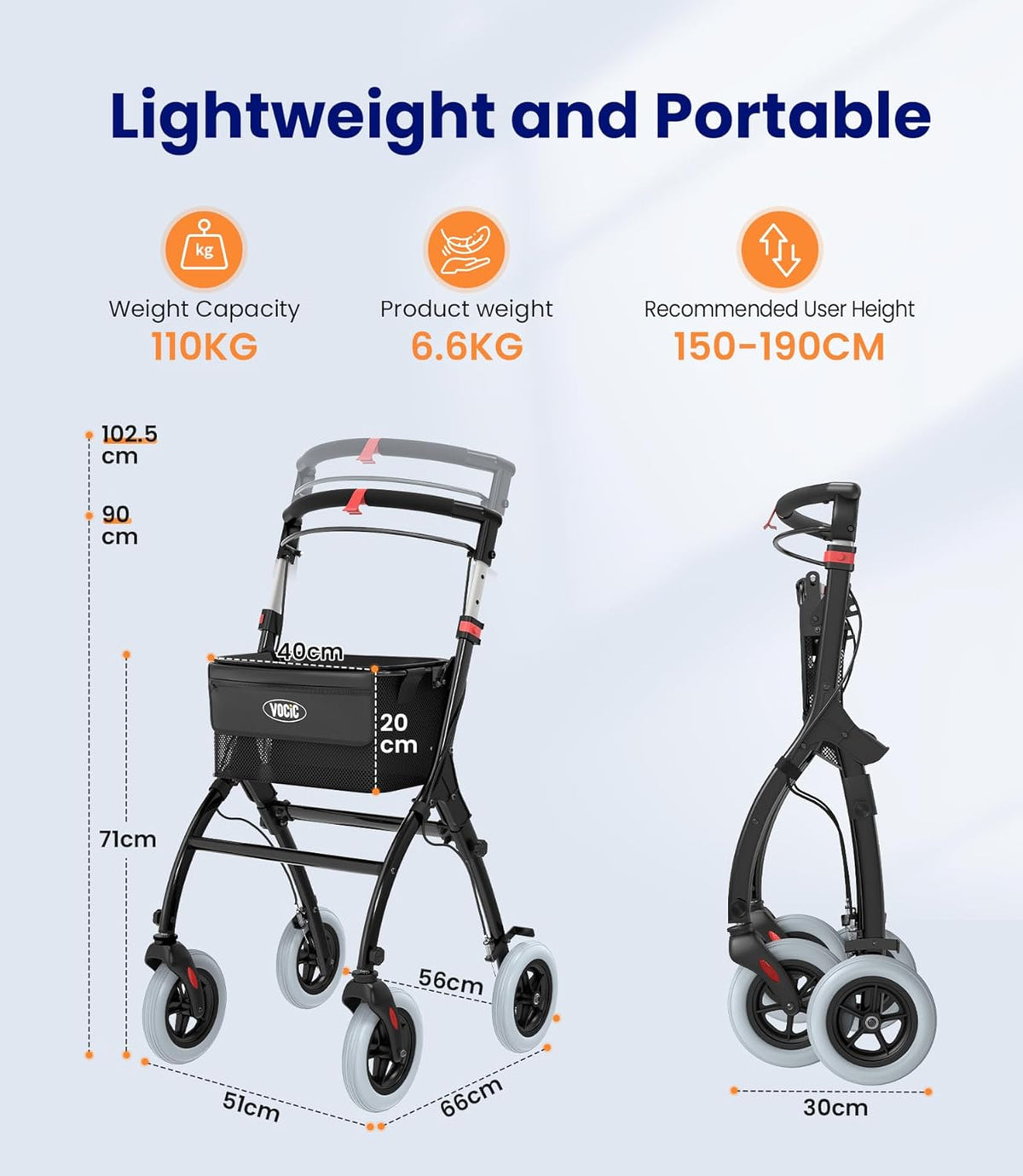 VOCIC Z32 Rollator Smal voor Appartement, Indoor Opvouwbaar en Licht, Stabiele Woning Rollator met Spoel Stille Antislip Banden, Dienblad, Zwart|5 jaar