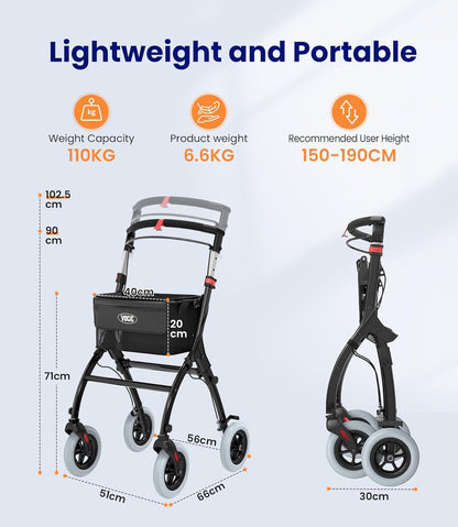 VOCIC Z32 Rollator Smal voor Appartement, Indoor Opvouwbaar en Licht, Stabiele Woning Rollator met Spoel Stille Antislip Banden, Dienblad, Zwart|5 jaar