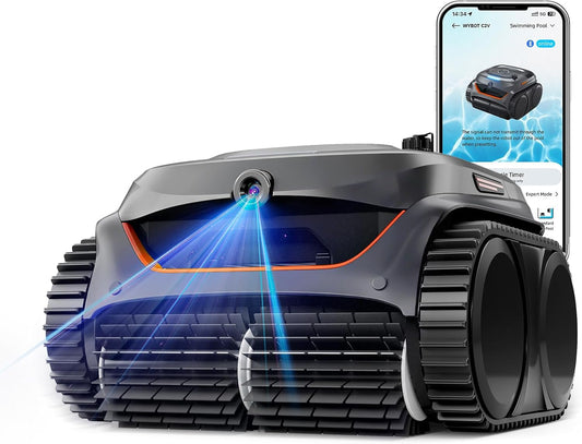WYBOT C2 Vision AI-camera Draadloze zwembadrobot met accu, zwembadrobot voor bodem en wand, twee-laags filtersysteem, krachtige afzuiging, voor ingebouwde zwembaden tot 180 m² (Grijs-Oranje)