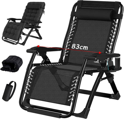Zero Gravity stoel, inklapbare ligstoel, ondersteunt tot 200 kg fauteuil, Opvouwbare Zonneligstoel ligstoel, inklapbaar, met bekerhouder, kussen,hoofdsteun, voor Tuin, Terras of Balkon 83cm