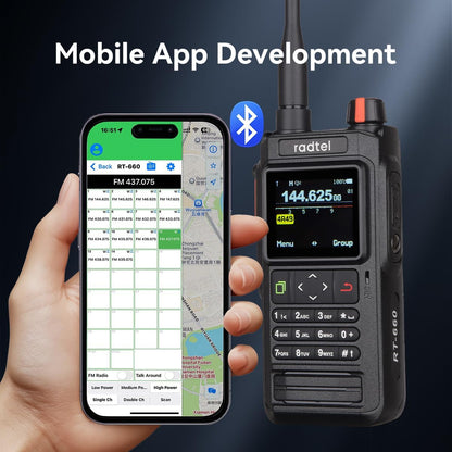 Radtel RT-660 IP67 GPS Bluetooth dual-band VHF/UHF portofoon met APRS, SATCOM, KISS, TNC, SMS-functie, luchtverkeersscanner, NOAA-weerwaarschuwingen en oplaadbare USB-C-batterij