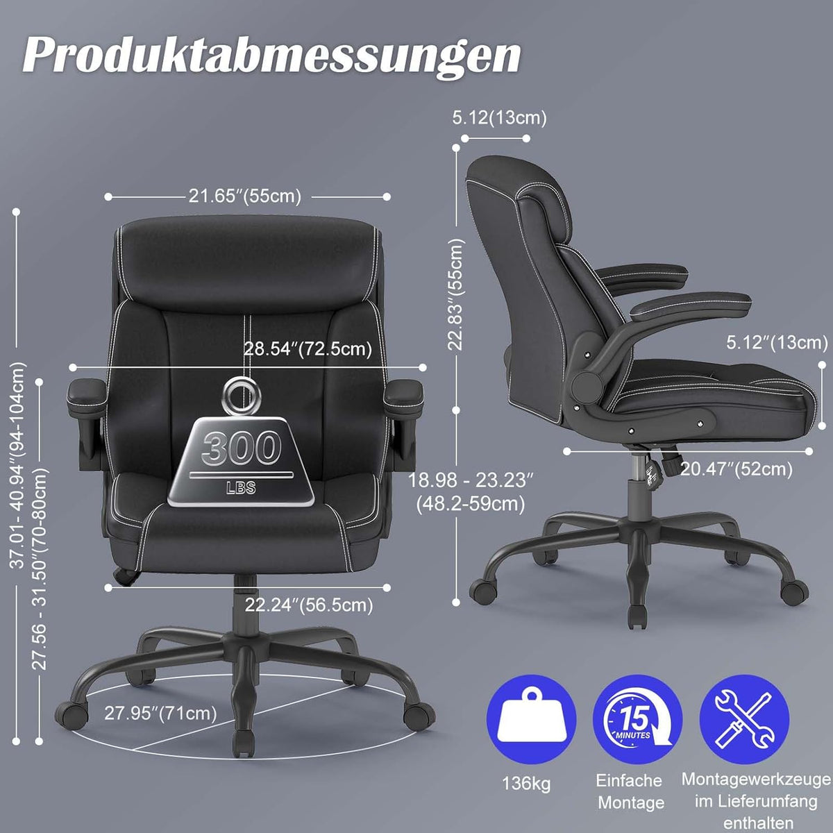 AnyGod Ergonomische Bureaustoel, Directeursstoel van Kunstleer met Opklapbare Armleuningen, Draaistoel Bureaustoel Hoogte Verstelbaar, Draagvermogen 136 kg, voor Thuiswerken en Kantoor