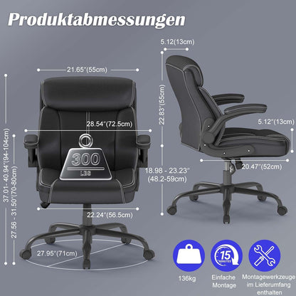 AnyGod Ergonomische Bureaustoel, Directeursstoel van Kunstleer met Opklapbare Armleuningen, Draaistoel Bureaustoel Hoogte Verstelbaar, Draagvermogen 136 kg, voor Thuiswerken en Kantoor