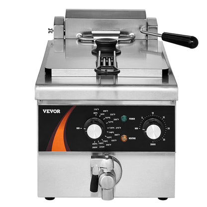VEVOR Professionele elektrische pianofriteuse 3000 W met mand, 8,5 l enkelvoudige oliefriteuse, verdikt roestvrij staal 1 mm, tijdcontrole, gebruik in de keuken, restaurant, zilver