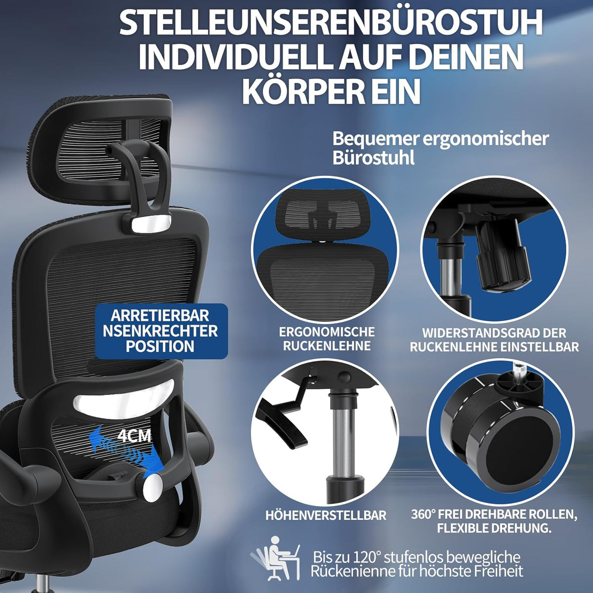 TRALT Bureaustoel, ergonomisch, bureaustoel met verstelbare lendensteun, hoofdsteun, gamingstoel, kantoorstoel, ergonomisch, 150 kg, voor grote mensen, zwart