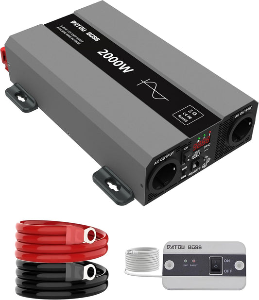 DATOUBOSS Omvormer 12v naar 230v Zuivere Sinus 2000w, Omvormer 12v naar 230v met AC-Aansluiting en 3A USB-Poort Soor Thuis, Camper, Off-Grid Zonne-Energie-Inverter (SAK-12V2000W)