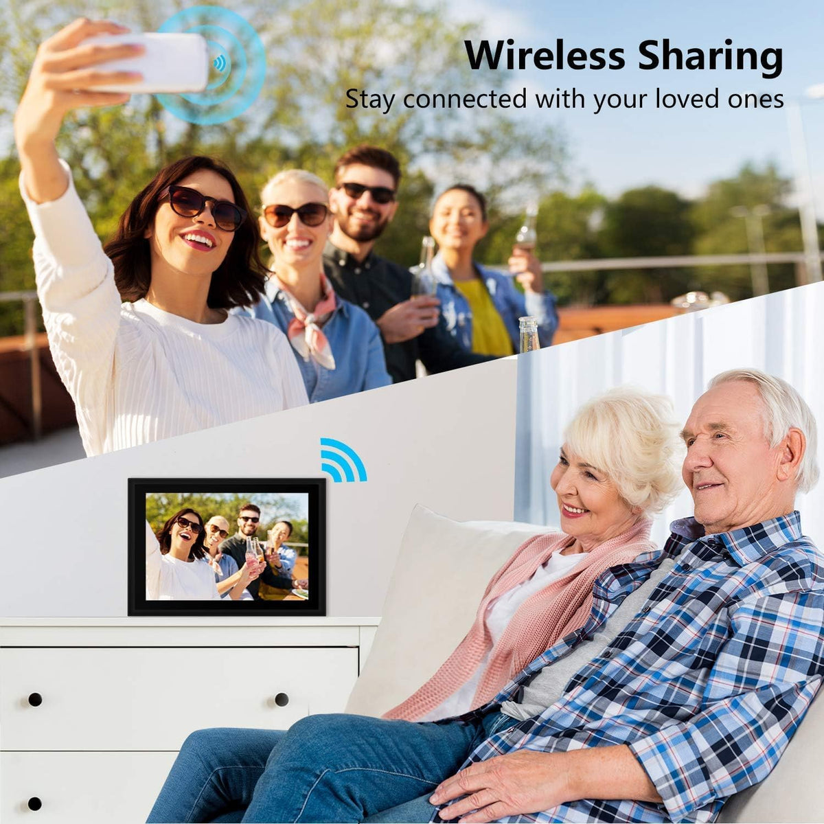 AEEZO Digitale fotolijst met wifi, 10 inch touchscreen, FHD, 2K-display, smart fotolijst met 16 GB geheugen, eenvoudige installatie voor het delen van foto's en video's, automatische rotatie (zwart)
