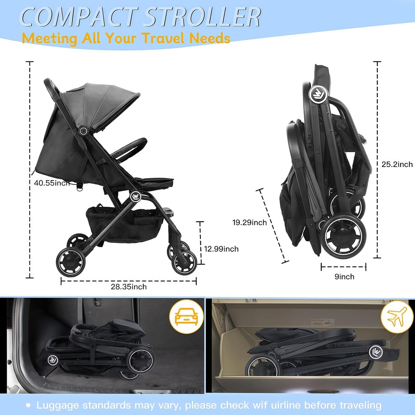 Lichtgewicht Kinderwagen, Compacte Reiskinderwagen met Verstelbare Rugleuning en Opbergmand, met Één Hand, Gemakkelijk Opvouwbare Kinderwagen voor Vliegreizen en Meer