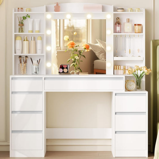 Hzuaneri Makeup table with 8 drawers, large mirror with RGB LED lighting, integrated jewellery shelf, 100 cm wide worktop with bedside table, white DT41103XEU