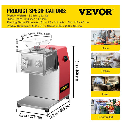 VEVOR Commerciële vleessnijder, 850 W vleessnijmachine 250 kg/st. Allessnijder, 3,5 mm mesafstand snijmachine 90 x 90 mm mesgrootte worstsnijmachine groentesnijder