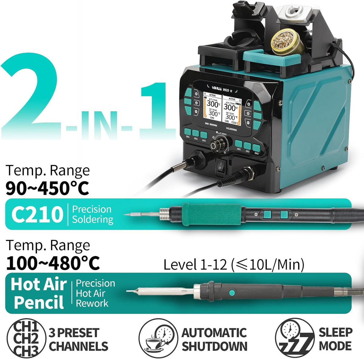YIHUA 992D-II 2-IN-1 precisiesoldeerstation en heteluchtpin herwerkstation