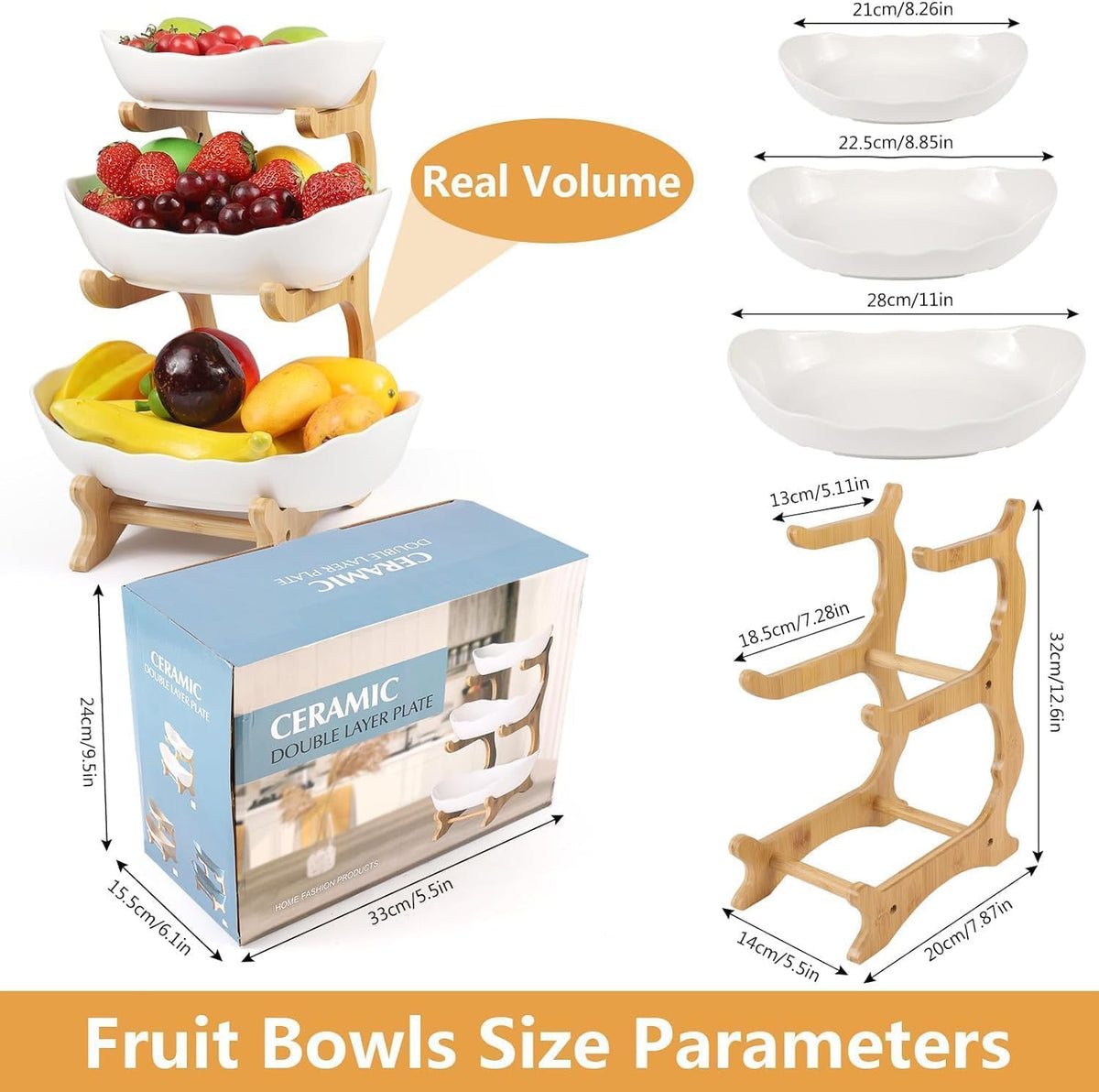 Keramische fruitetagère met 3 etages, ruimtebesparende fruitmand, etagère voor het gezin, stabiel en zonder te trillen, standaard, voor groenten, fruit, snacks