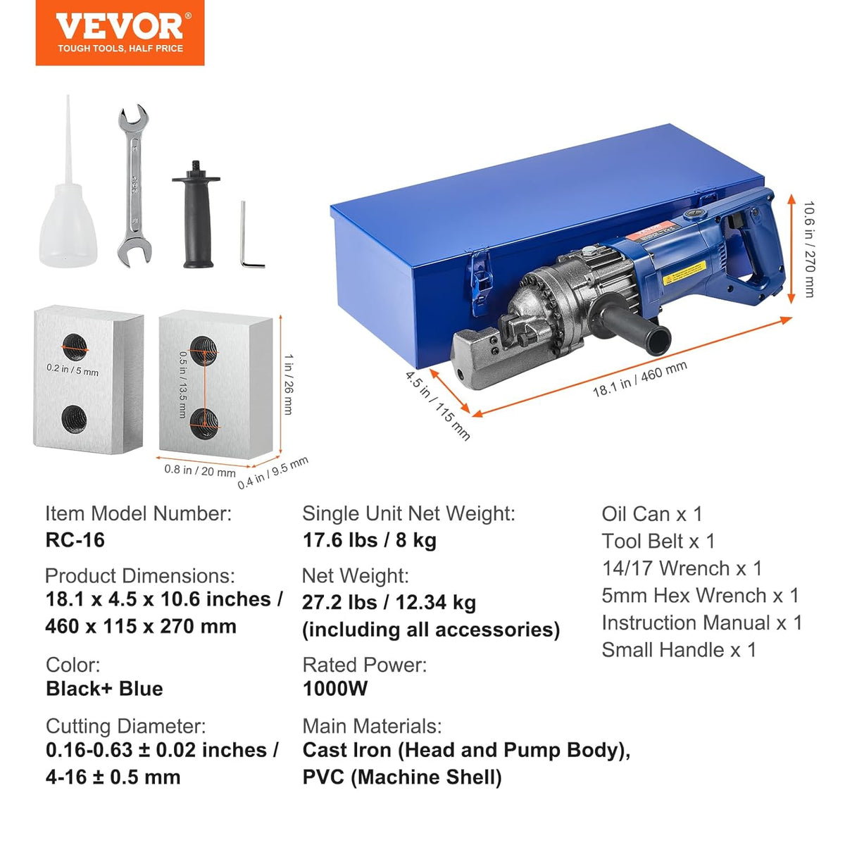 VEVOR Snijmachine voor betonstangen, elektrisch, draagbaar, snijdiameter 4-16 mm, voor het snijden van stangen, cement, wapening van staal, vermogen 1000 W, met gereedschapskoffer