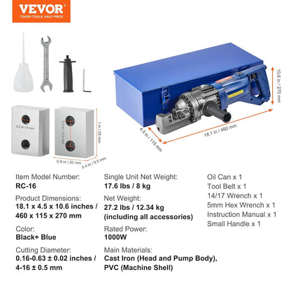 VEVOR Snijmachine voor betonstangen, elektrisch, draagbaar, snijdiameter 4-16 mm, voor het snijden van stangen, cement, wapening van staal, vermogen 1000 W, met gereedschapskoffer