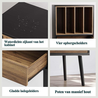 Semiocthome Platenspelerstandaard met opbergkist van vinyl voor maximaal 160 albums, platenspelertafel met lade en massief houten poten, bijzettafel voor draaitafels voor woonkamer slaapkamer