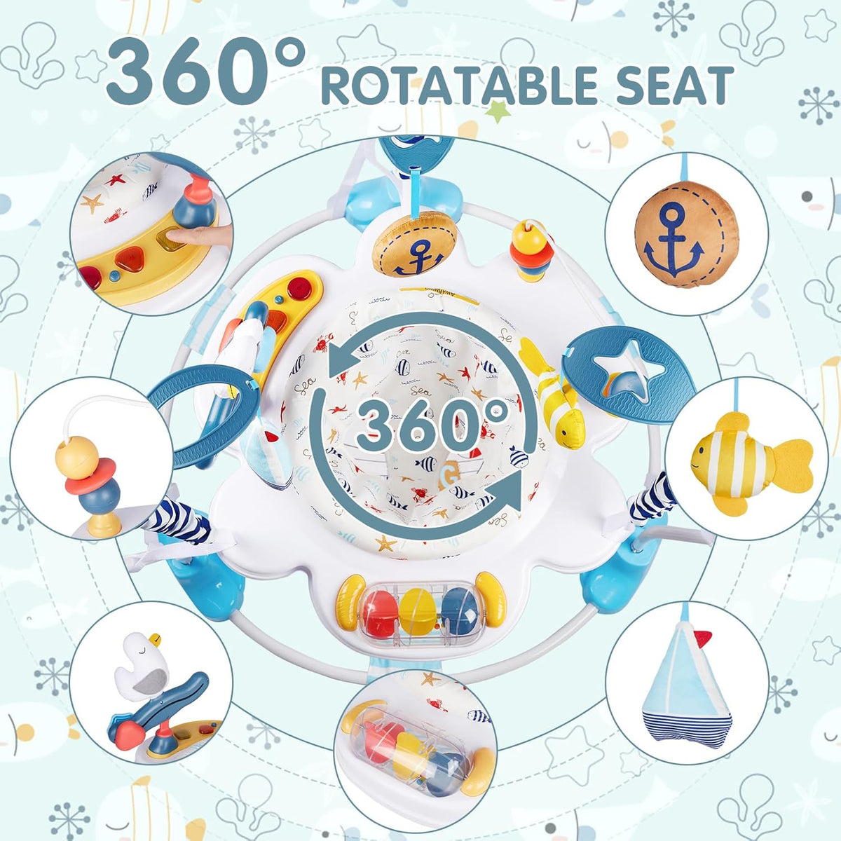 JP2401 Baby Activity Center 3-in-1 Baby Activity Center with 360° Rotating Seat, Music, Lighting, 3 Adjustable Heights, Children's Activity Bridge for More - QUORE