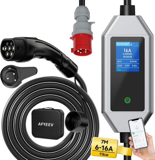 Oplaadkabel Type 2 – Laadkabel Elektrische Auto – EV Oplader – Mobiele Laadkabel – Type 2 Kabel – 11 kW 3-Fase – 7 Meter Met App-Bediening