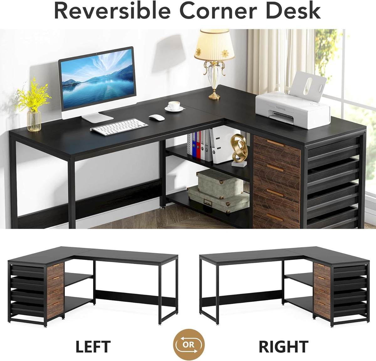 Tribesigns L-Shaped Computer Desk with Storage Drawers, 150cm Corner Desk with Shelves, Reversible L Shaped Office Desk Study Writing Desk Workstation for Home Office, Black