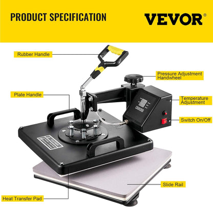 VEVOR transferpers, 8-in-1, 38 x 38 cm, hittepers, 1250 W, T-shirt-hittepers, Hittepersmachine,360 graden draaibaar, doe-het-zelf, multifunctionele sublimatie-hittepers met digitale LED-temperatuur- en tijdregelaar