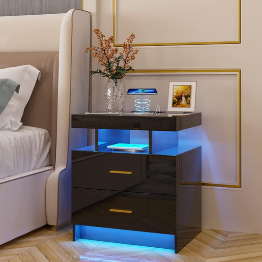 Lvifur Nachtkastje, led-licht, smart nachtkastje, menselijke sensorfunctie met USB & Type-C opladen, hoogglans nachtkastje met 2 laden, nachtkastje 3 kleurlampen, dimbaar, voor slaapkamer, kleedkamer