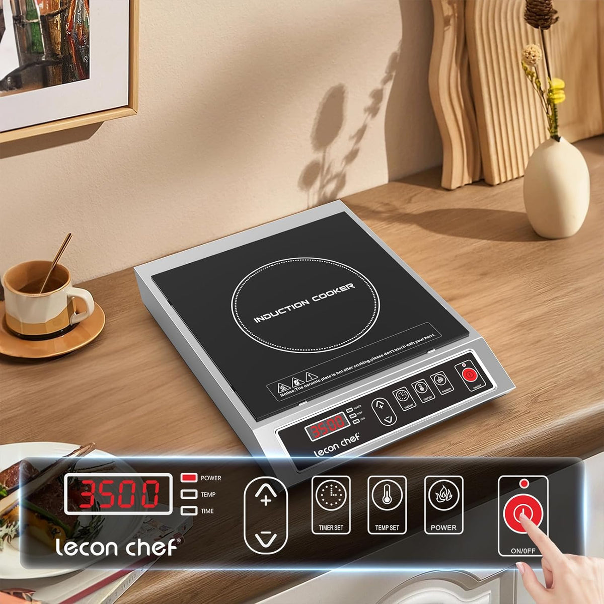 Inductiekookplaat, 3500 W, enkele inductiekookplaat, kookplaten, 50 kg, groot draagvermogen, roestvrijstalen behuizing, 24-uurs timer, ultradun draagbaar design