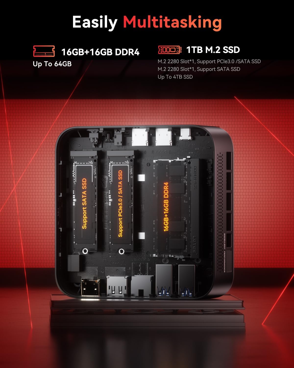 NiPoGi E3B Mini PC met AΜD Ryzen 5 7430U (max. 4,3 GHz, 6 cores/12 threads, beter dan 5500U/5675U), 32GB (16GB*2) Dual-channel RAM/1 TB SSD, Mini Desktop Computer met WiFi 6/BT5.2/Triple 4K/VESA