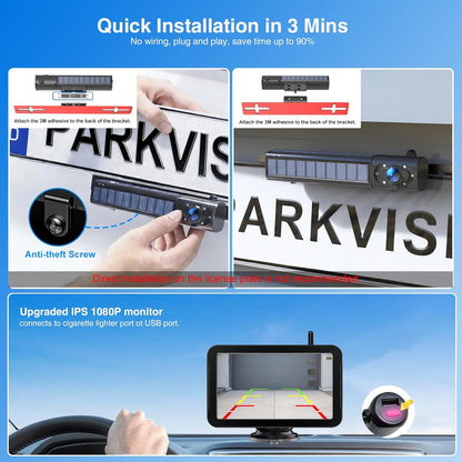 PARKVISION Achteruitrijcamera Draadloos 5 inch met Zonne-energie - 5000mAh Accu, FHD Monitor, 2.4 GHz, Geschikt voor Auto's en Campers