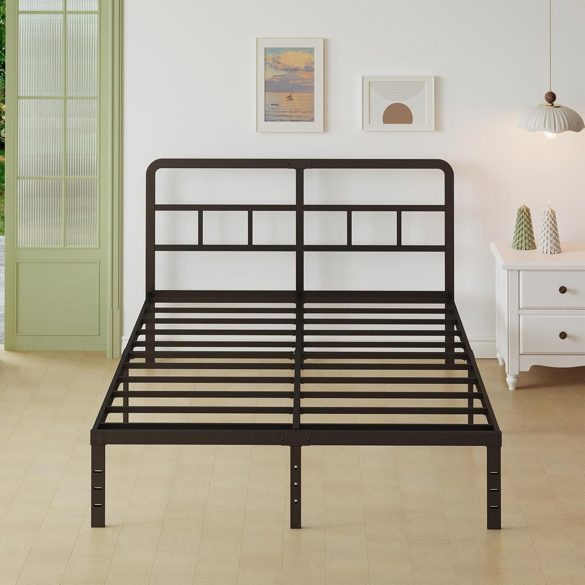 Lutown-Teen Metalen Bed Frame 135 x 190 cm met Gebogen Hoofdbord, Hoogte 36cm, Bedframe 135x190 met Lattenbodem Van Metaal, Opbergruimte onder het bed, Eenvoudige Montage, Zwart