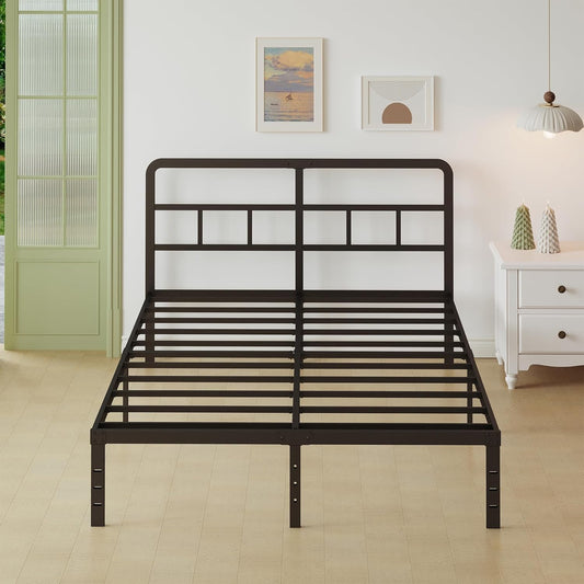 Lutown-Teen Metalen Bed Frame 135 x 190 cm met Gebogen Hoofdbord, Hoogte 36cm, Bedframe 135x190 met Lattenbodem Van Metaal, Opbergruimte onder het bed, Eenvoudige Montage, Zwart