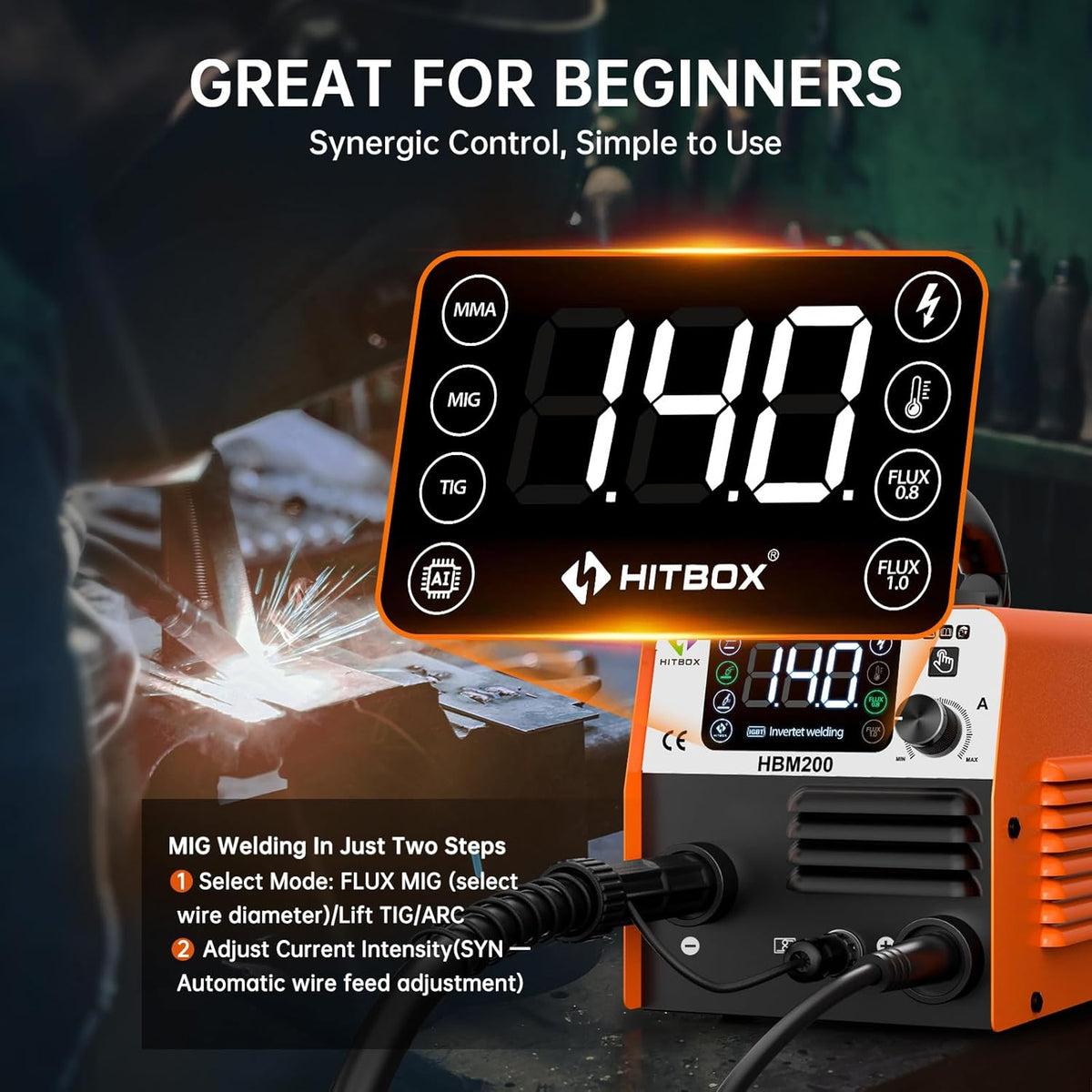 HITBOX MIG Lasser 140A 4-in-1, Compacte IGBT Inverter met 0,8 mm Draad – Draadloze Lasser, ARC, Lift TIG, Spool Gun Zonder Gas voor Hobby en Doe-Het-Zelf (HBM200AZ)