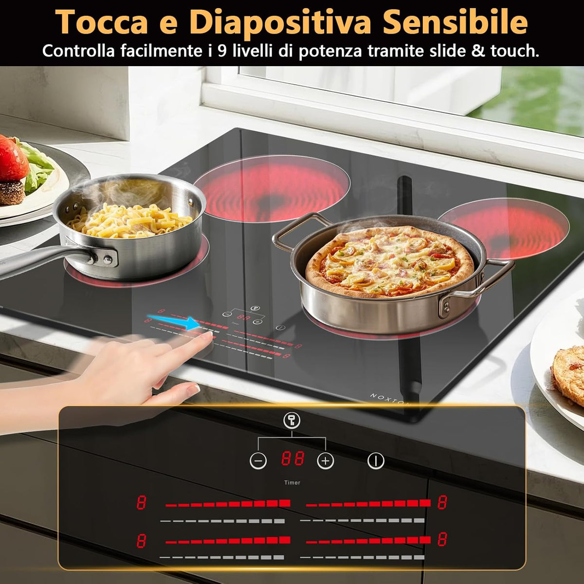 NOXTON keramische kookplaat 4 platen met lichtstrook-schuifregelaar, glaskeramische kookplaat 60 cm inbouw met touchbediening, kinderslot, geschikt voor alle pannen, 220V-240V, 6000W, geen stekker