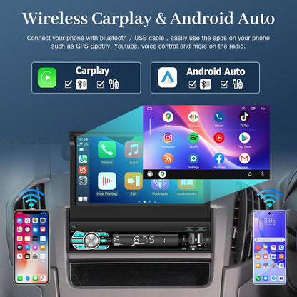 1 Din Car Radio with Extendable Display with Wireless Carplay and Android Car - 7 Inch Car Radio Carplay Support Mirror Link USB Type C + AHD Rear Camera and Remote Control - QUORE