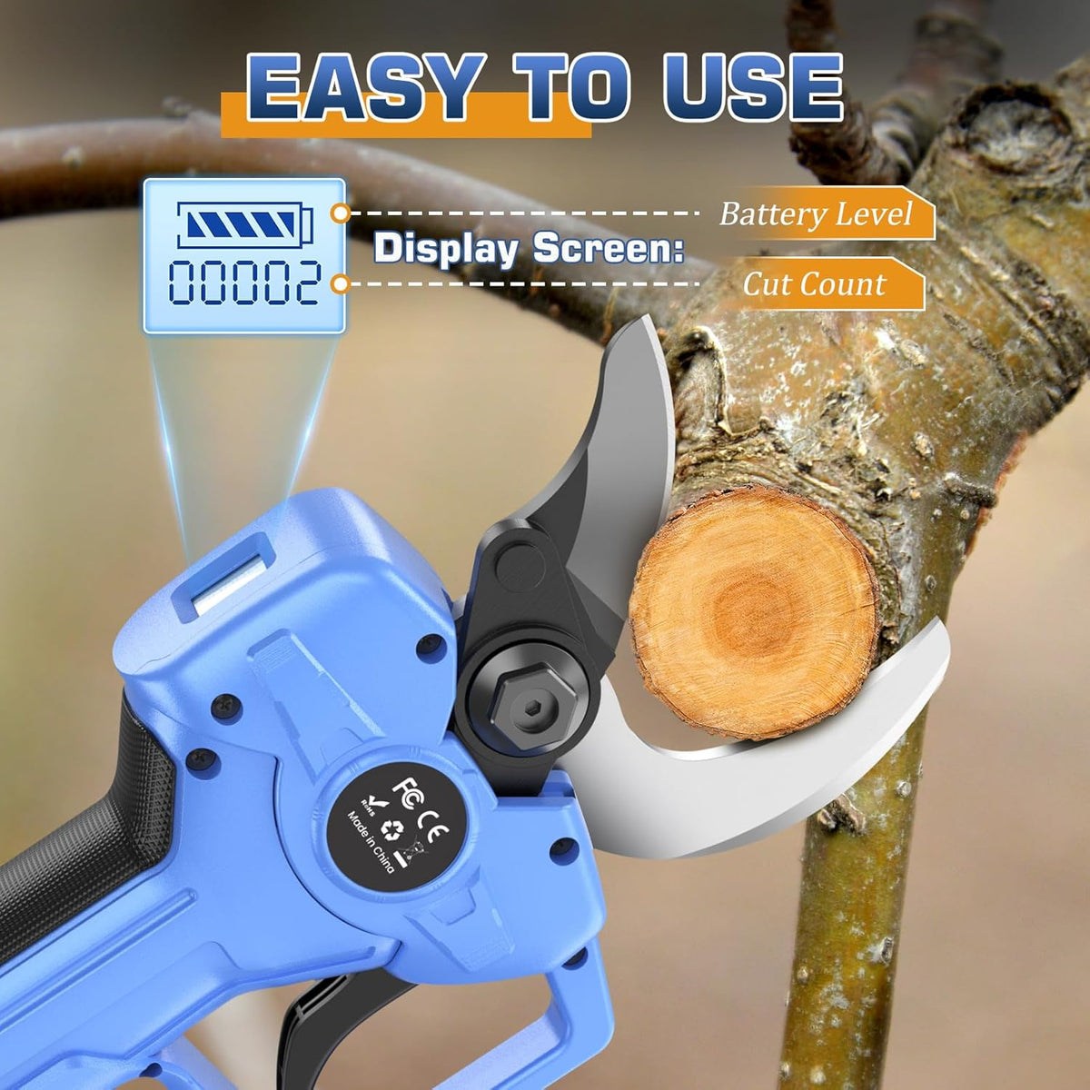 Professionele elektrische takkenschaar, accu 2 x 2 Ah, 40-50 mm snijdiameter, 6-10 uur gebruiksduur, blauw, complete set voor tuin en tuin