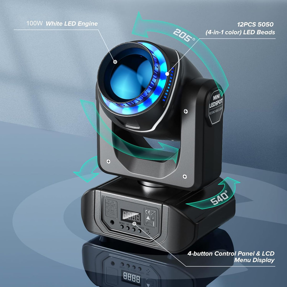 80W LED Stage Light – Podiumverlichting – Feestverlichting – DJ Licht – Disco Lamp – 10 Lichtpatronen – 8 Kleuren – Draaibaar 540° Horizontaal – Afstandsbediening