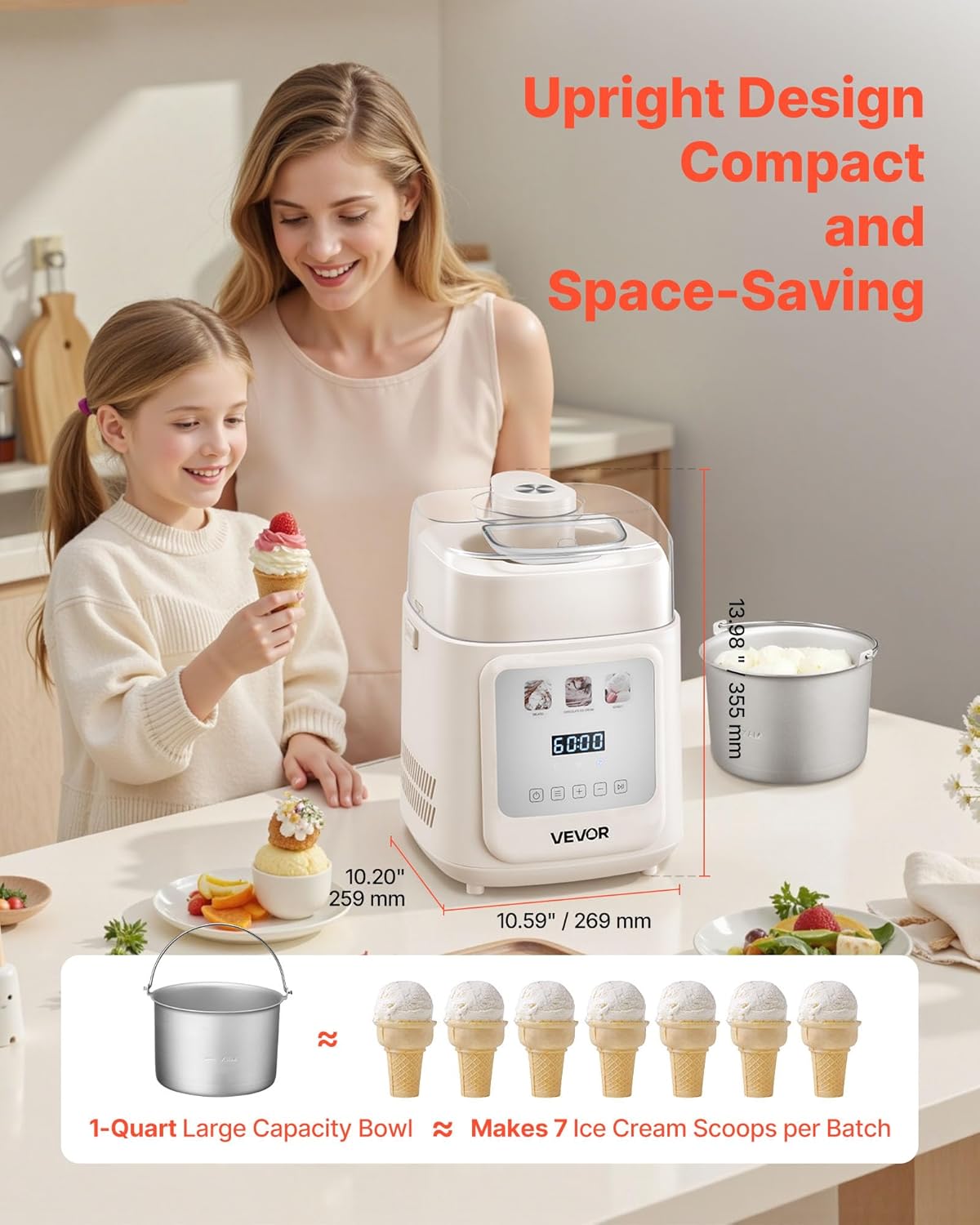 VEVOR Automatische ijsmachine met ingebouwde compressor, 1 liter, geen voorvriezen, gelato en ijsmaker met 4 modi, elektrische ijsmachine, frozen, yogurt sorbet maker, wit
