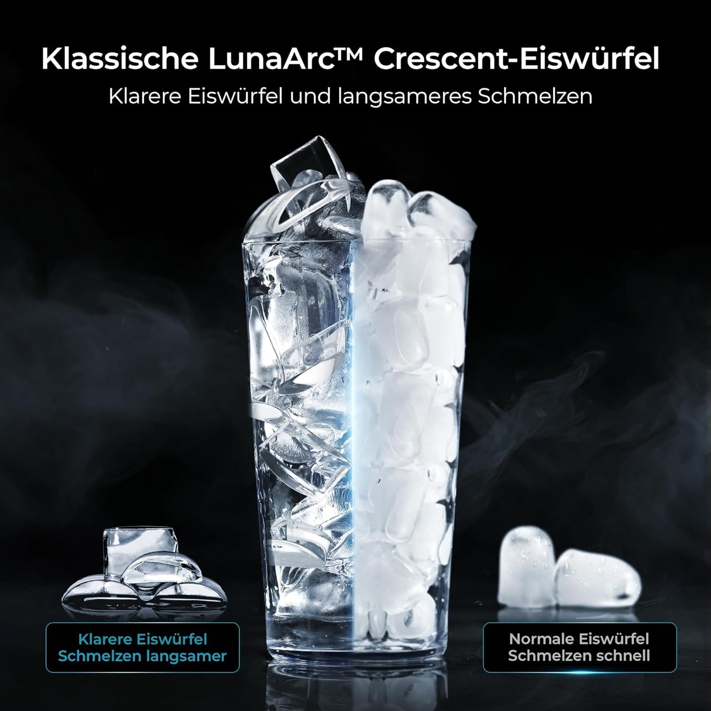 EUHOMY LunaArc Crescent IJsblokjesmachine met halve kristallen maan, 1600 stuks/dag, klaar in 12 minuten, automatische dieptereiniging, ijsblokjesmachine voor whiskey, koffie, zachte dranken