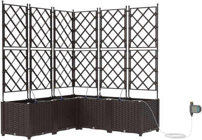 Garden Pots with Irrigation System, 5 Pieces, Brown, Square, Large with Extendable Trellis for Climbing Plants, Robust Plastic Construction - QUORE