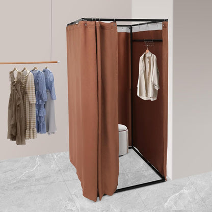 OUKANING Portable Dressing Cabin, 100 x 100 x 200 cm, Load Capacity 30-35 kg, Movable Dressing Room, Freestanding, Removable and Opaque, for 3-4 People (Coffee) - QUORE