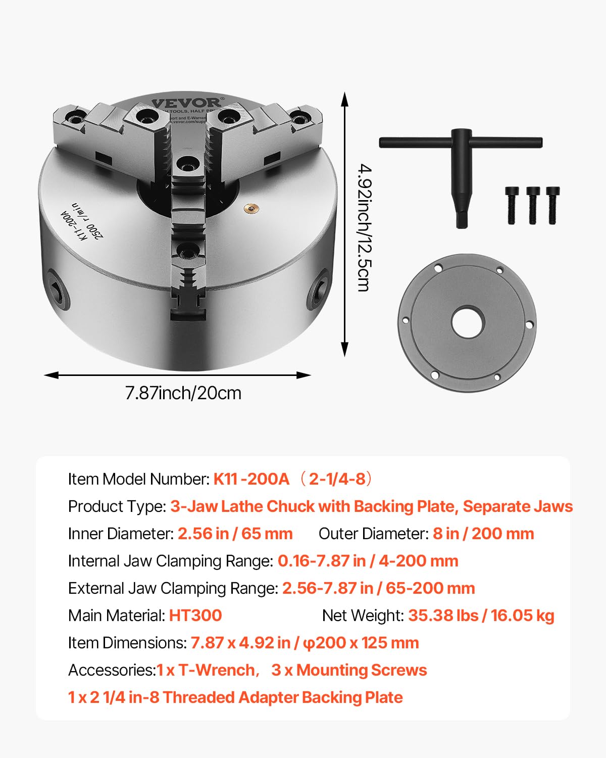 VEVOR Draaibankhouder met 3 klauwen, 200 mm, zelfcentrerende boorkop met 2 1/4"-8 schroefdraadsteunplaat, 4-200 mm klembereik met T-moersleutelschroeven, HT300-materiaal, voor hout-metaaldraaibank