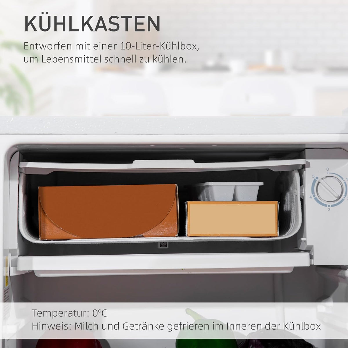 HOMCOM 91L koelkast met vriesvak 81L+10L, kleine koelkast met groentelade, eierrek, ijsbakje, verstelbare temperatuurregeling voor slaapzaal, kantoor, slaapkamer, wit