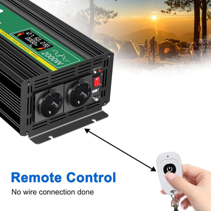 JIGUUN 2000W omvormer 12v naar 230v zuivere sinus inverter met draadloze afstandsbediening LCD-scherm 2 Eu-stopcontact & 1 USB-poort Piekvermogen 4000W voor auto, camping, reizen