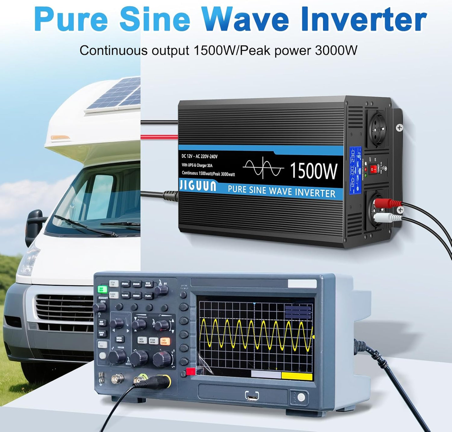 JIGUUN 1500W omvormer 12v naar 230v zuivere sinus met 30A lader en net prioriteit circuit en UPS, 2 EU-stopcontacten, draadloze afstandsbediening en LCD-display piekvermogen 3000W