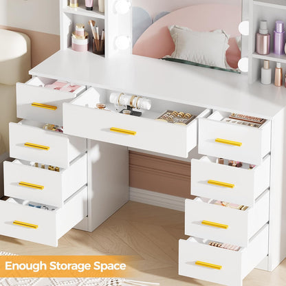 ANWBROAD Large LED Dressing Table, 3 Colours, Adjustable Brightness, Vanity Table with Mirror, Dressing Table with 9 Drawers, 6 Open Shelves, 5 Jewellery Hooks, Modern White BDT89W - QUORE