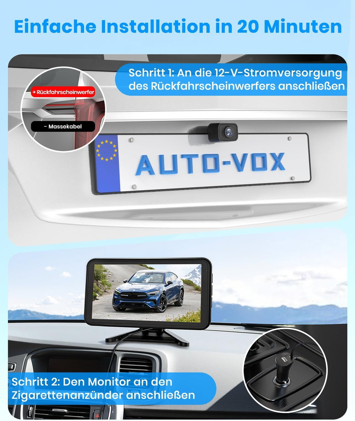 AUTO-VOX Draadloze achteruitrijcamera: 5 inch 1080P monitor, dubbel kanaal, installatie van 30 minuten, stabiele digitale radio-transmissie, IP69K waterdicht en nachtzicht, voor SUV, vrachtwagen, auto