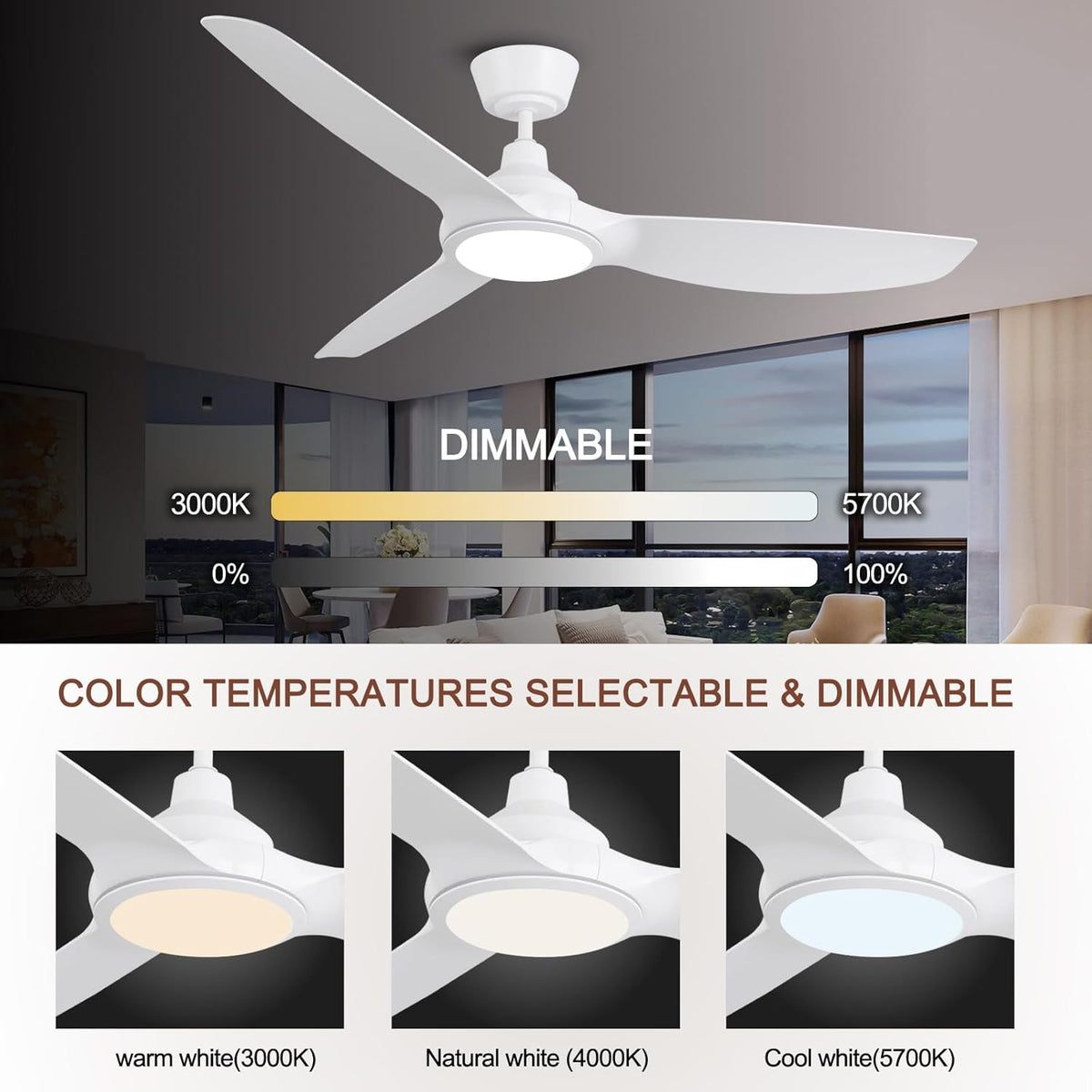 Ovlaim Plafondventilator, 132 cm, met kunststof bladen en ledverlichting, incl. afstandsbediening, DC-energiebesparende motor, ultralicht, voor zomer en winter, wit [energieklasse D].