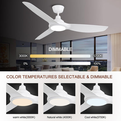 Ovlaim Plafondventilator, 132 cm, met kunststof bladen en ledverlichting, incl. afstandsbediening, DC-energiebesparende motor, ultralicht, voor zomer en winter, wit [energieklasse D].
