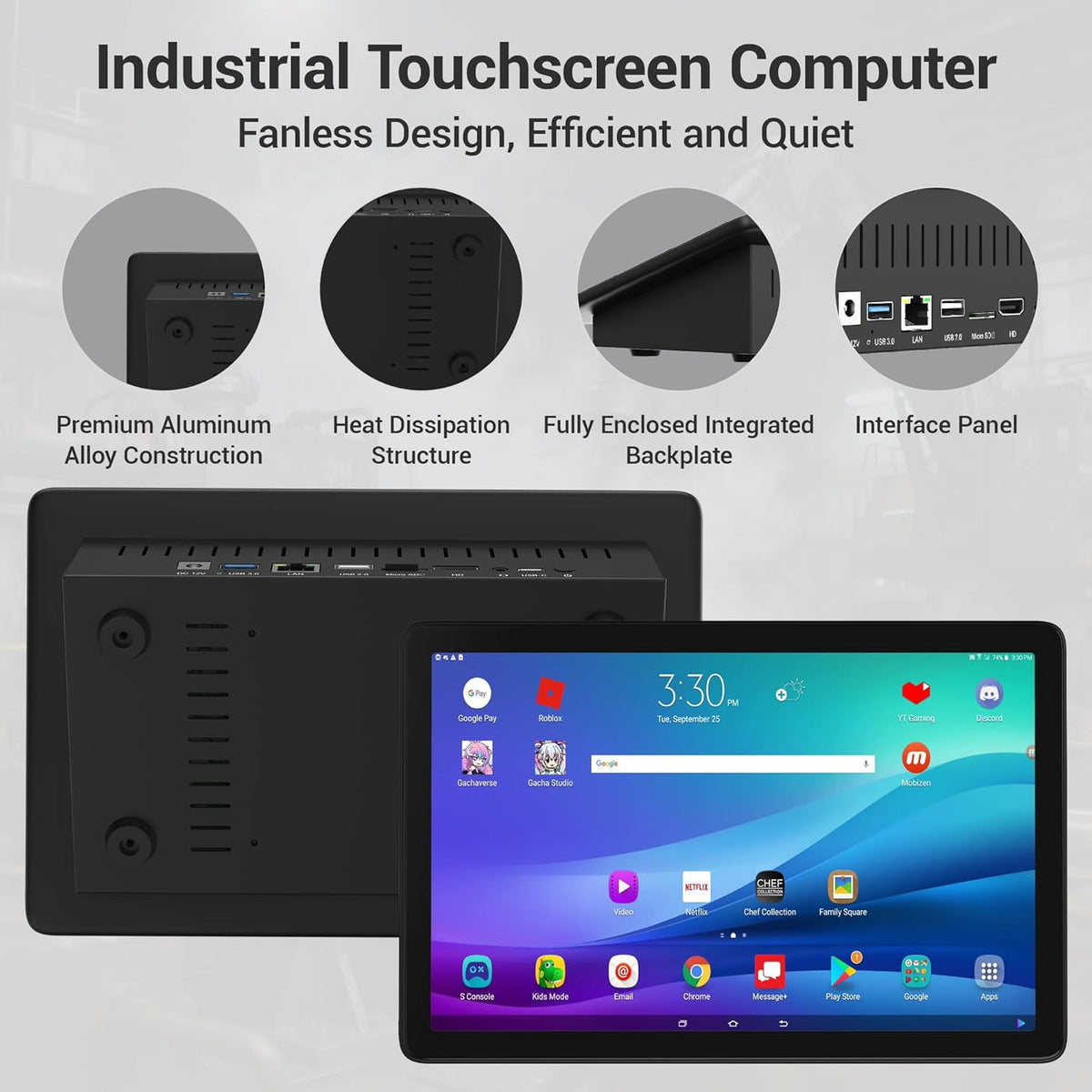 Industriële mini-pc, rugged fanless touchscreen-computer, 10,1 inch Android 12 All-in-One, 4GB RAM, HDMI, Machine Control, voor Digital Signage, Factory Control, Kiosk & Retail display RK3399