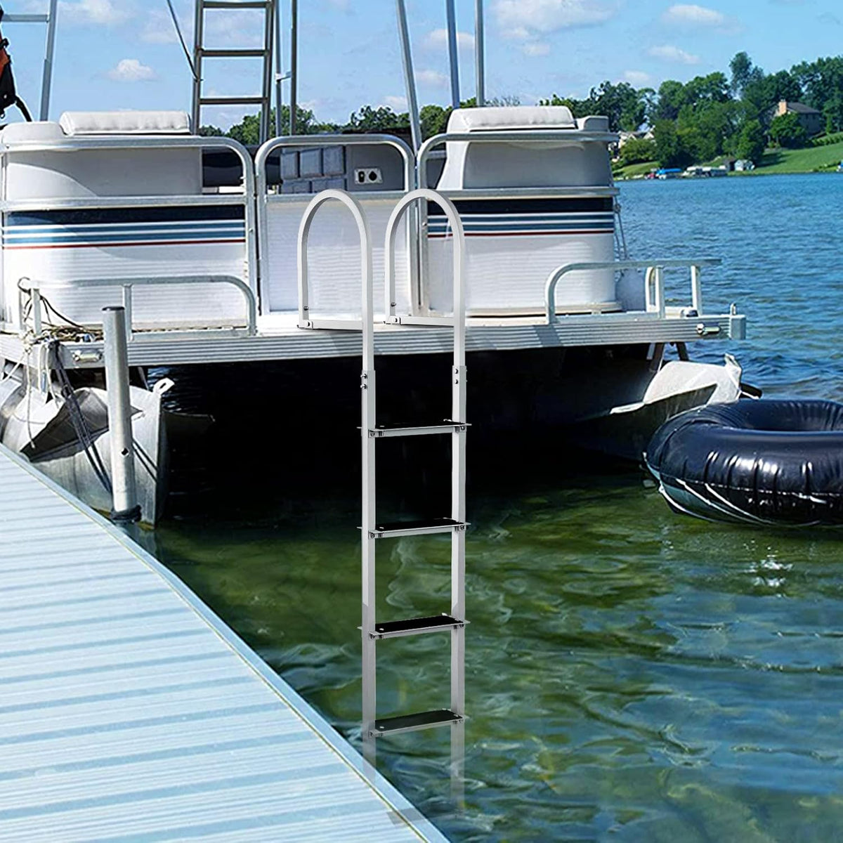 VEVOR Dockladder 5 afneembare treden, 227 kg draagkracht, pontonbootladder van aluminiumlegering met 8 cm brede trede en antislip rubberen mat, voor het instappen in schepen/meren/zwembaden/zeeën