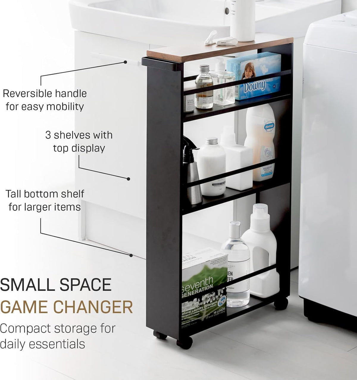 YAMAZAKI Slanke trolley met handgreep - Tower - zwart