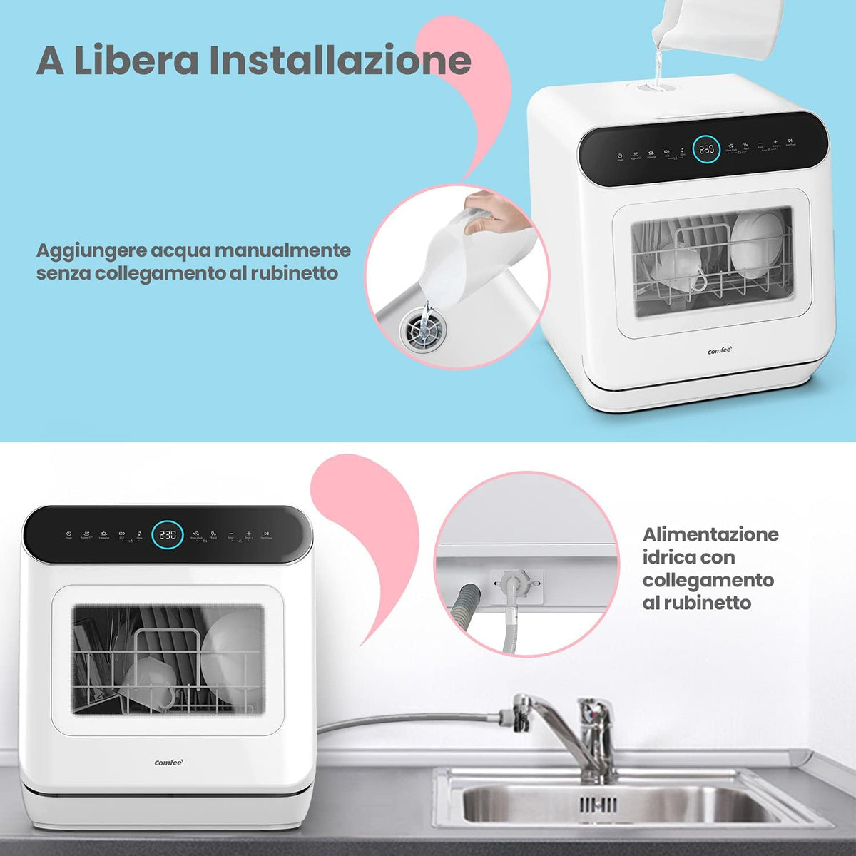 COMFEE' Mfd42S110W-It Freestanding Dishwasher with 3 Blankets, 7 Programs, Touch Control, LED Display, Delay Start and Wash Function Off Season, White